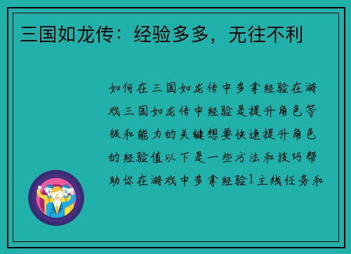 三国如龙传：经验多多，无往不利